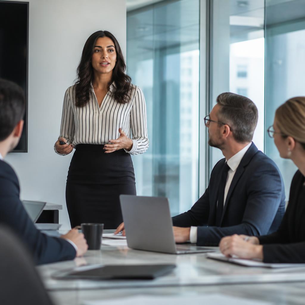 Executiva brasileira em reunião corporativa com profissionais estrangeiros em multinacional