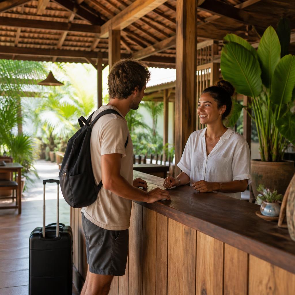 Recepcionista brasileira atendendo turista estrangeiro em pousada