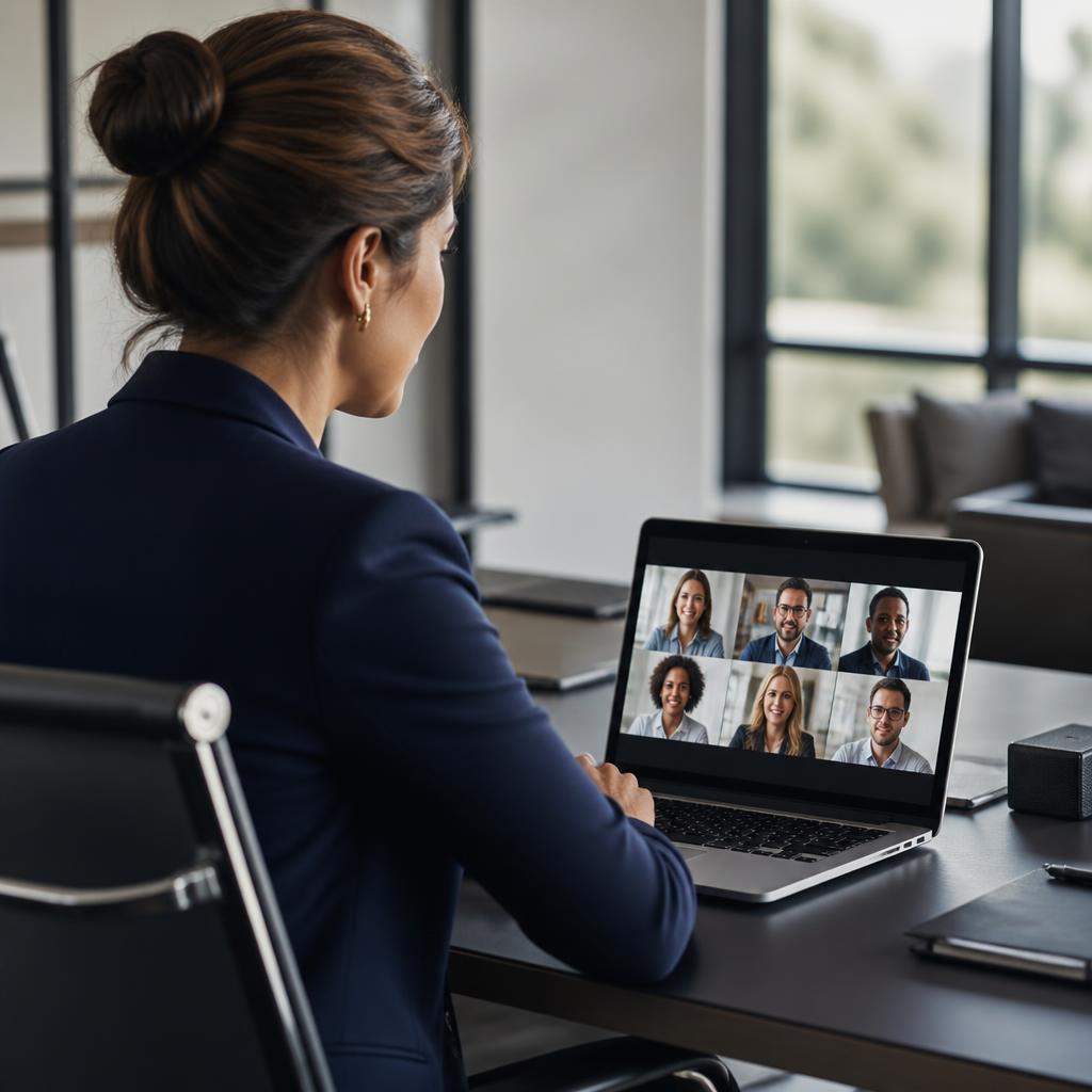 Executiva brasileira em videoconferência internacional, olhando para a tela do notebook