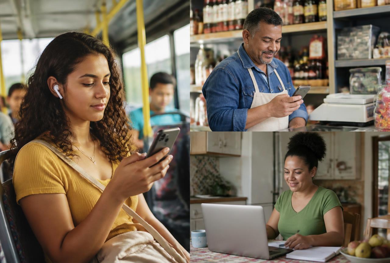Pessoas de diferentes idades estudando inglês pelo celular e pelo notebook em situações do dia a dia