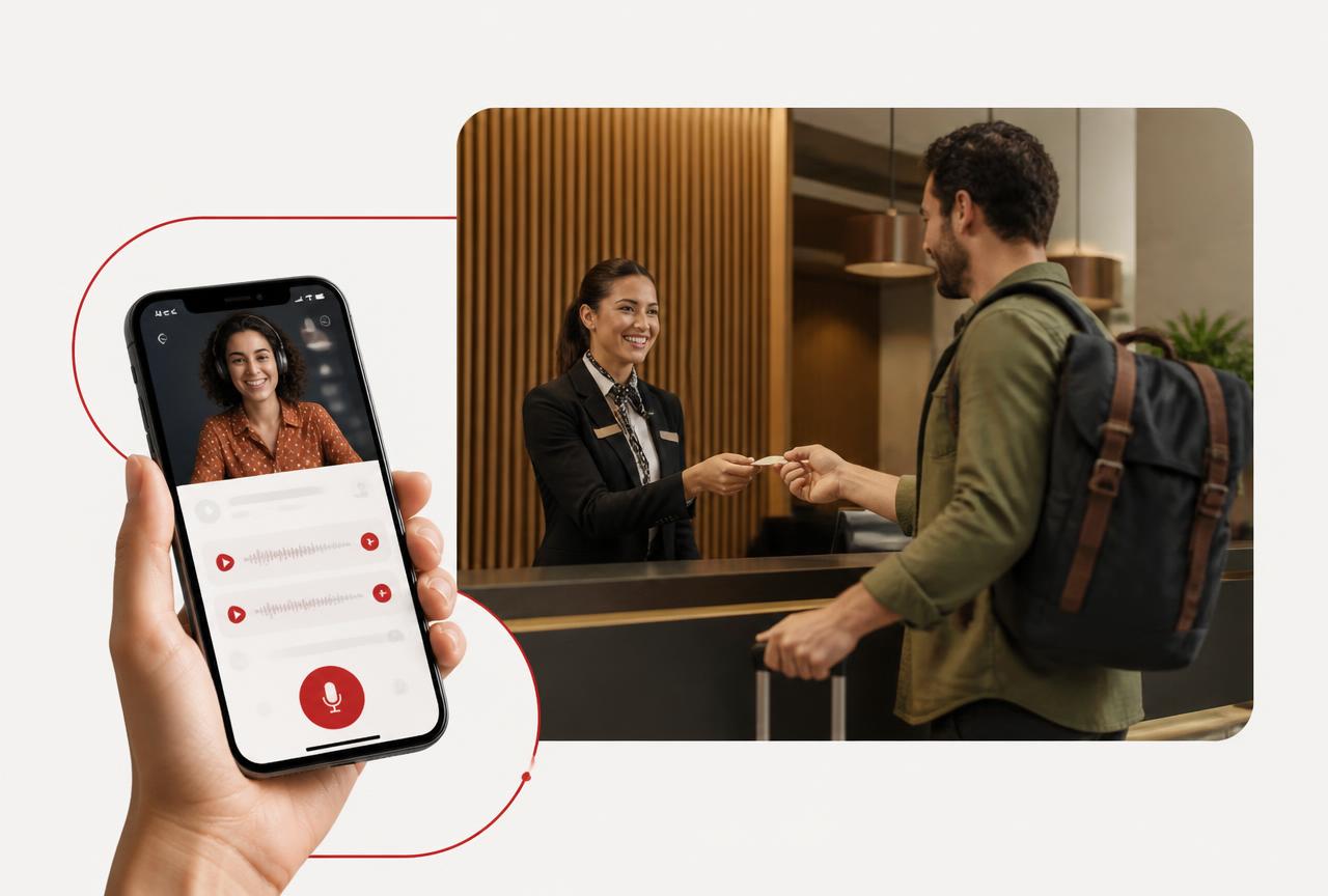 Aplicativo Falaê Brasil no celular conectado a uma situação real de atendimento em hotel