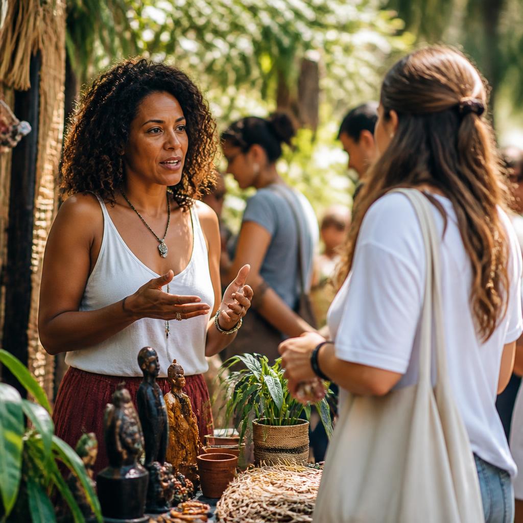 Empreendedora brasileira conversando com visitante estrangeiro em feira cultural de rua